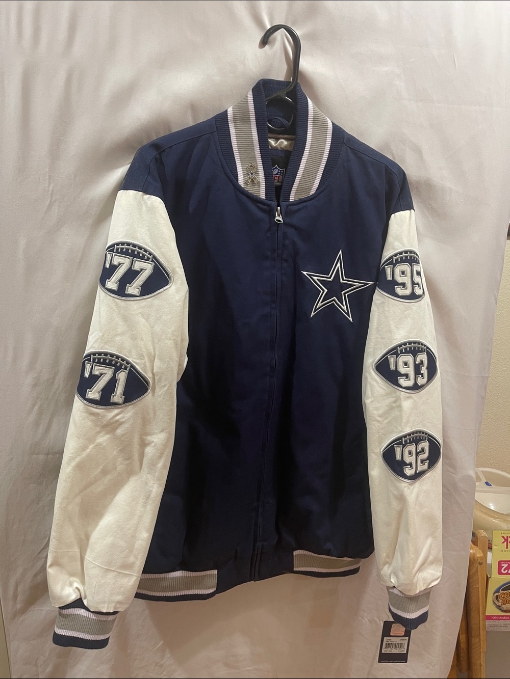 NFL Navy and White Varsity Jacket with Star and Number Patches